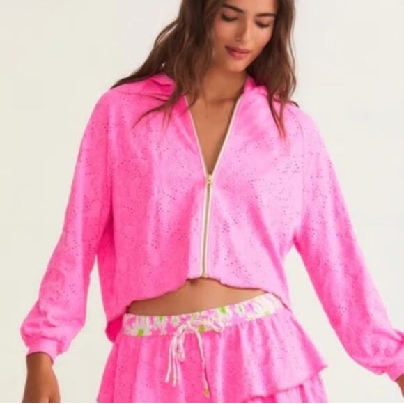 LoveShackFancy Other - LoveShackFancy X Hurley Women’s Eyelet Paisley Zip Up Hoodie Barbie Pink Size L